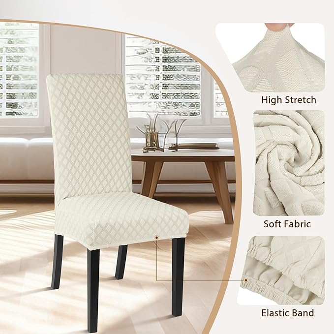 SearchI Dining Room Chair Covers Set of 4, Stretch Jacquard Parsons Chair Slipcovers Super Fit Removable Washable Kitchen Chair Protector Cover for Dining Room, Hotel, Ceremony (Cream)