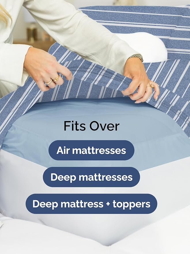 Extra Deep Full Sheet Set - 6 Piece Breathable and Cooling Sheets - Hotel Luxury Bed Sheets Set - Easy Fit - Soft, Wrinkle Free and Comfy Sheets Set - Blue Striped Sheet Set with Extra Deep Pockets