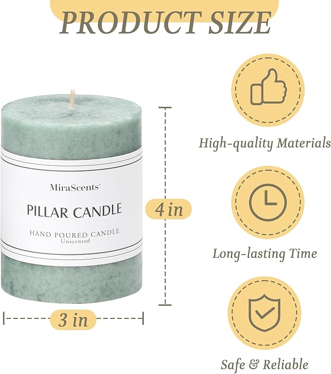3x4 inch Green Pillar Candles Set of 3, Unscented Pillar Candle, Dripless and Smokeless Large Candles, Candle for Home Decor, Dinner Table,Weddings, Holidays