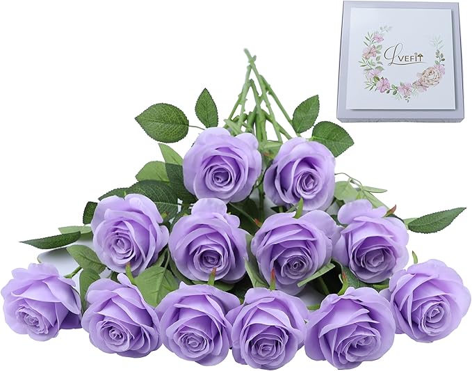 Artificial Rose Flower Artificial Flowers Flower with Long Stem Silk Roses Bouquet for Wedding Bridal Shower Party Home Decoration (Lavender, 12 Pcs)