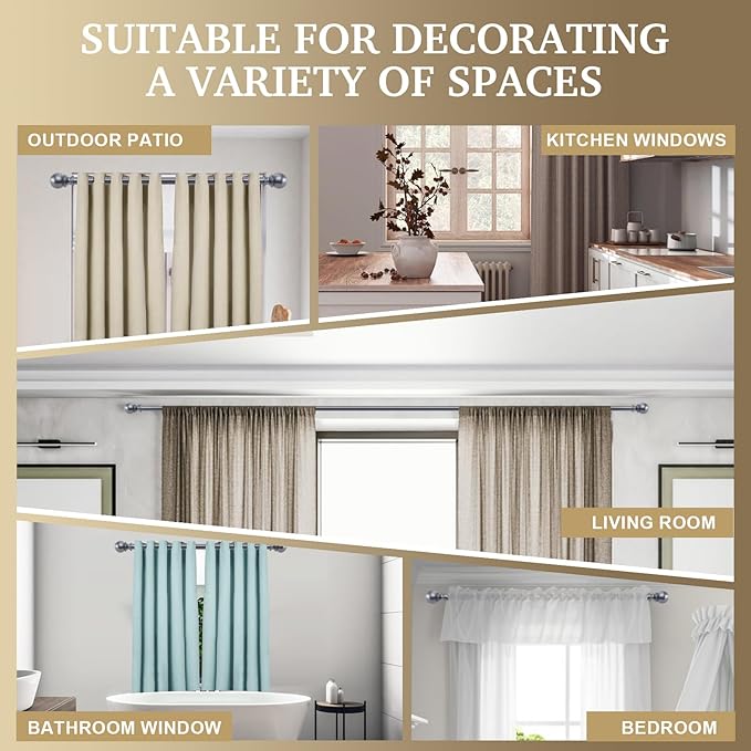 Curtain Rods for windows,1" Diameter Curtain Rod, 32-48" Standard Decorative Window Curtain Rod Set with Brackets for bathroom Kitchen Bedroom Window, Grey