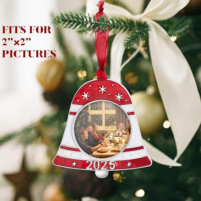 GUOER 2025 Christmas Tree Ornament Picture Frame Holiday Keepsake Gift Home Decor Christmas Decorations Xmas Gifts Pendant with 2” Photo Frame Insert (2025 Bell)