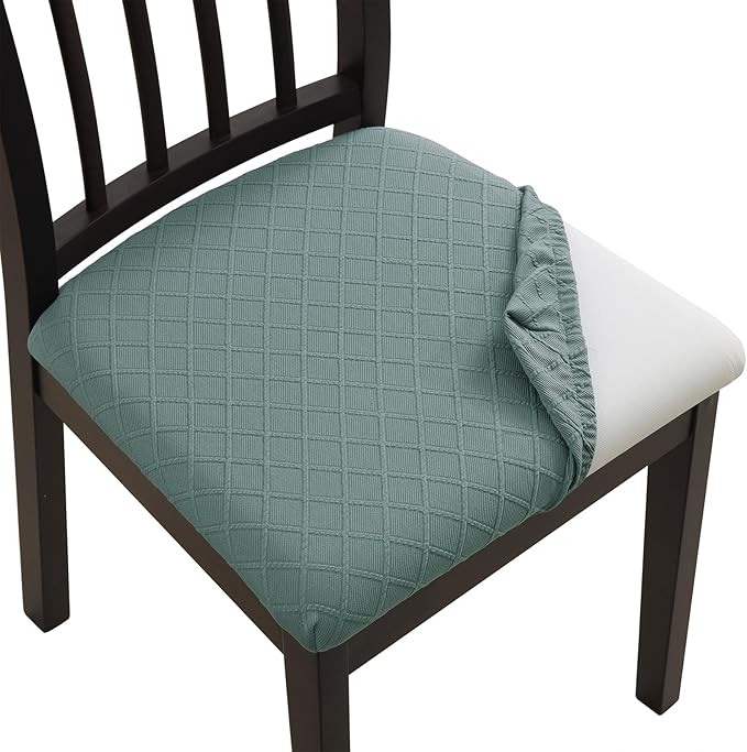 Fuloon Waterproof Seat Cushion Covers 4 PCS, Stretch Jacquard Chair Seat Covers Washable Dining Room Chair Slipcovers Removable Kitchen Cushion Protector (4, Waterproof-Dark Green)