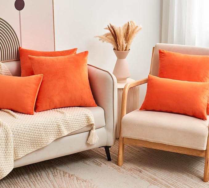 Velvet Throw Pillow Covers Orange Set of 2 20x20 Inch Pillow Covers, Soft Farmhouse Neutral Decorative Pillowcases for Couch Sofa Bed, Home Boho Decor, Modern Cushion Covers