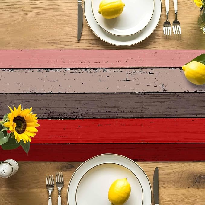 Farmhouse Cotton Linen Table Runner Dresser Scarf Retro Rustic Barn Wood Texture Ombre Christmas Red Brown Non-Slip Rectangle Settings Decoration for Kitchen Home Dining Holiday, 18x72 inch