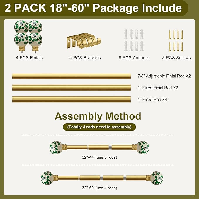 Ceramic Curtain Rods Gold Set of 2 for Windows 28 to 48 Inches Adjustable Length Duty 1" Diameter Window Curtain Rod with Modern Green Leaf Pattern Decorative Finials for Bedroom Living Room Kitchen