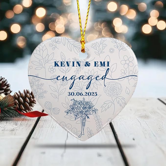 Personalized First Christmas Married Ornament 2025 – Ceramic Heart Wedding Ornament – Christmas, Anniversary, Engagement, Newlywed Gift for Couple – Custom Photo Keepsake Decoration