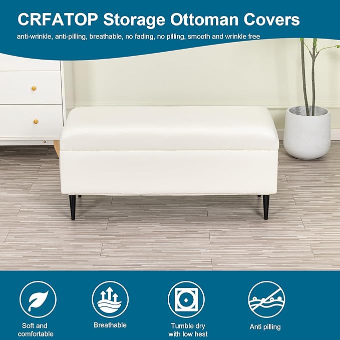 CRFATOP Waterproof PU Ottoman Stool Cover Stretch Folding Storage Footstool Bench Slipcovers Upholstered Foot Chest Chair Covers Washable Entryway Furniture Protector with Elastic Bands,M,White