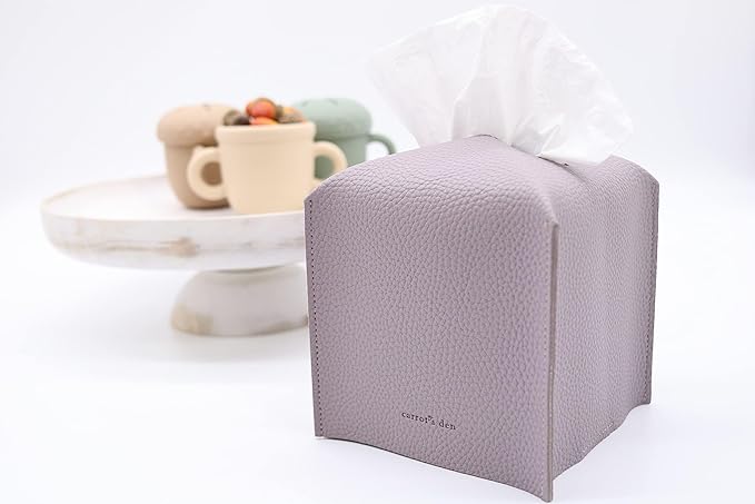 Tissue Box Cover Holder, Square with Bottom Belt by Carrot's Den - PU Leather Decorative Organizer for Tabletop, Bathroom, Car, Office | Lavender