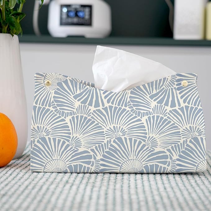 Light Blue Shell Leather Tissue Box Cover Rectangle,Coastal Toilet Paper Box Holder,Beach House Decor Facial Paper Case for use Living Room Bathroom Kitchen Office Desk,9.8x5.9x5.9In