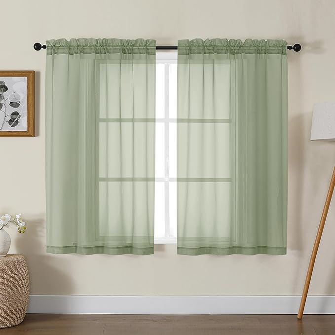 Gwine Sage Green Sheer Curtains for Living Room 45 inches Long, Short Voile Light Filtering Window Treatments Sheer Curtains for Bedroom, Half Window Drapes with Rod Pocket, Each 42" Wx45 L
