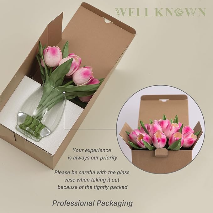WELL KNOWN 12 Pcs Fake Tulips Artificial Pink Flowers in Vase with Faux Water, Real Touch Foam Tulips Arrangements with Vase for Home Office Decor, Dining Table Wedding Centerpiece Gift (Fuchsia)