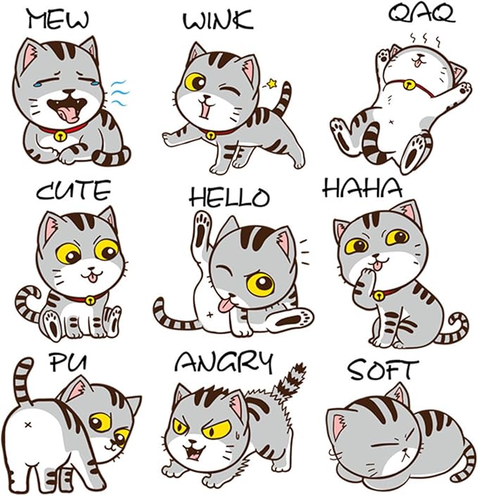Adorable Cartoon Cat Expressions Wall Decals – Removable Vinyl Stickers with 9 Cute Emotions and Poses, Funny Cat Wall Art for Bedroom, Living Room, Office, or Home Decoration