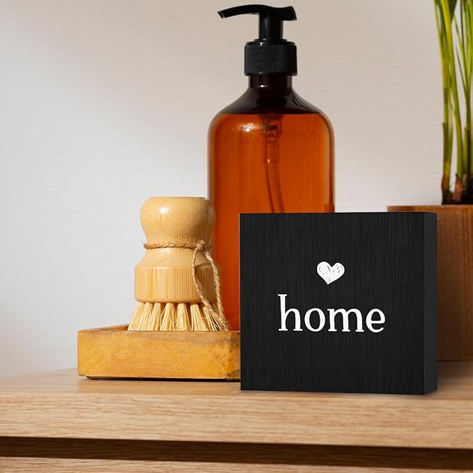 Home Sign, Home Signs for House Decor, Welcome Sign, Rustic Farmhouse Desk Decor Wood Block Box Plaque for Living Room Wall Shelf, Housewarming Gifts (Black)