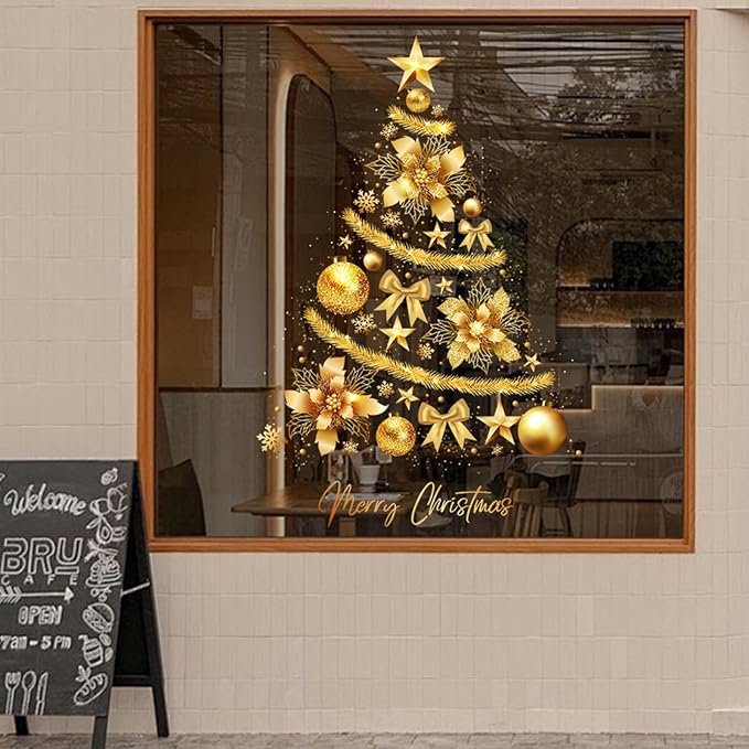Large Gold Christmas Tree Window Clings Stickers for Glass Whole Large Xmas Stickers New Years Decals DIY Static Wall Window Door Mural Showcase Decal Sticker-15.7 * 23.6 in (1 Pack)