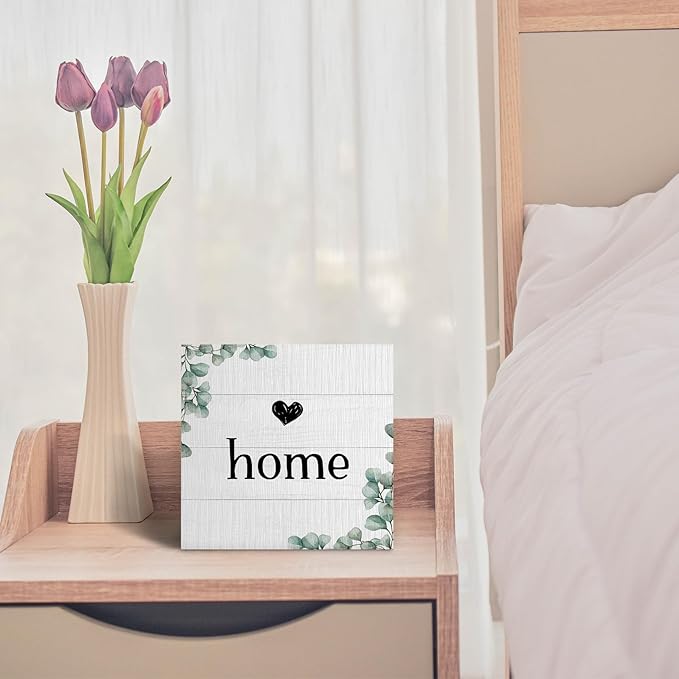 Home Sign, Home Signs for House Decor, Welcome Sign, Rustic Farmhouse Desk Decor Wood Block Box Plaque for Living Room Wall Shelf, Housewarming Gifts (Green)