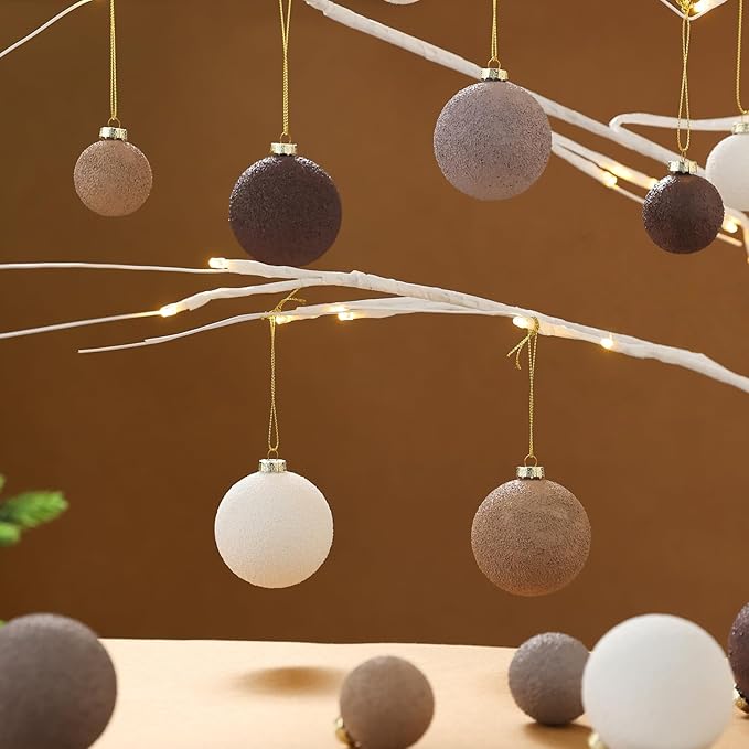 Christmas Ornaments Set 12PCS - 2.4 Inch Textured Shatterproof Vintage Neutral Ball Ornaments for Tree Rustic Farmhouse Decor