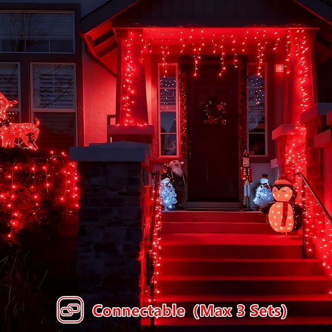 YEGUO 33ft 400 LED Red Icicle Lights for Outside, 80 Drops Icicle Christmas Lights with 8 Modes, Connectable Icicle String Lights with Memory Timer