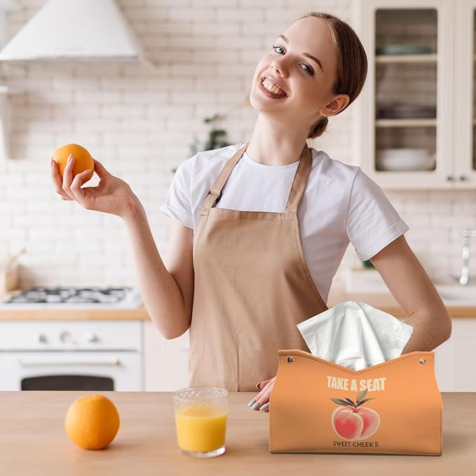 Funny Peach Tissue Box Cover Rectangle, Orange Tissue Box Holder for Bathroom, Take A Seat Sweet Cheeks PU Facial Paper Case, Funny Bathroom Decor Gifts for Women Funky Organizer Holder 9.8x5.9x5.9