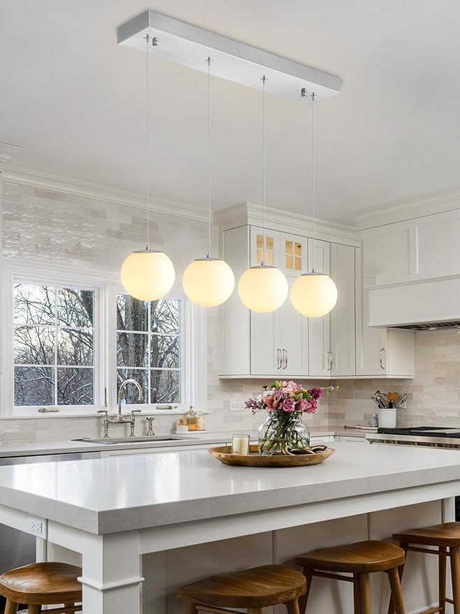 Modern Kitchen Island Lighting Linear Chandeliers for Dining Room 4-Light Glass Globe Hanging Pendant Light Rectangular Chandeliers for Living Room Hallway Bedroom