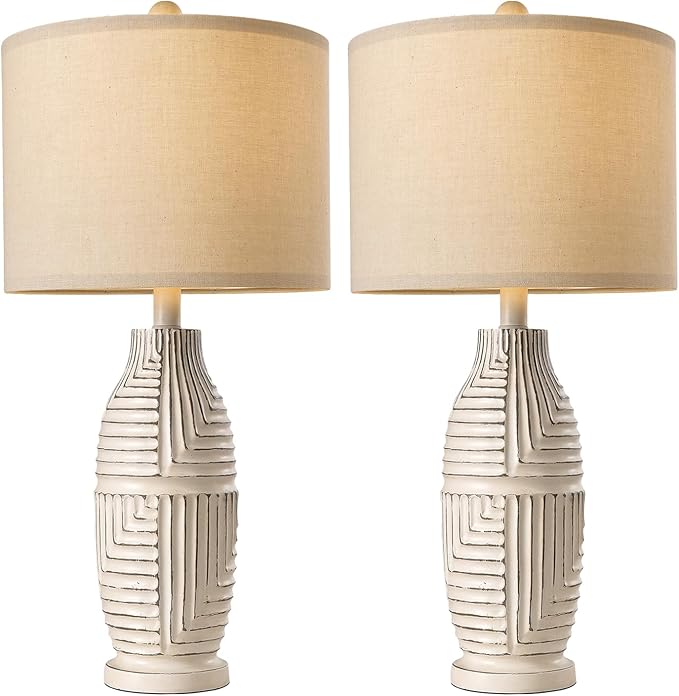 BOBOMOMO 25" Rustic Farmhouse Table Lamps Set of 2, Vintage Resin Nightstand Lamps with Fabric Shades, Retro Bedside Lamps for Bedroom, Living Room, Dining Room, Home Decoration