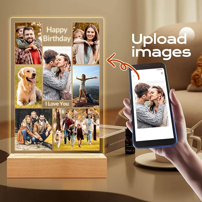 Custom Picture Frame with Photo, Customized Photo Frames with Night Light, Customizable Picture Frame, Personalized Christmas Birthday Gifts for Women Men Her Him Baby Kid Family