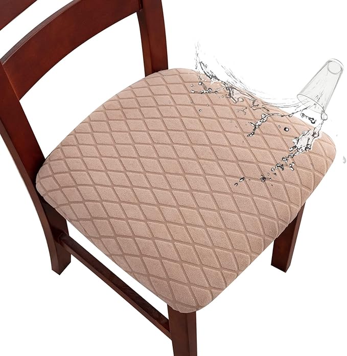 Genina Waterproof Seat Covers for Dining Room Chairs, Stretch Chair Covers Removable Washable Dinning Room Kitchen Chair Seat Cushion Slipcovers (Argyle-Khaki, 4 PCS)