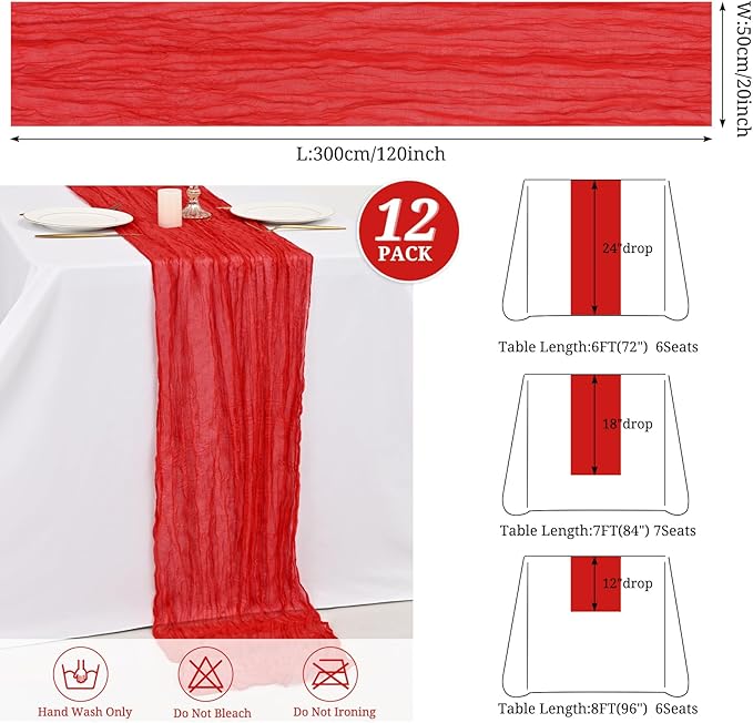 12 Pack Red Cheesecloth Table Runner,10FT Gauze Boho Table Runner 20x120inch Rustic Sheer Cheese Cloth Table Runner for Wedding Party Bridal Shower Table Thanksgiving Christmas Decoration