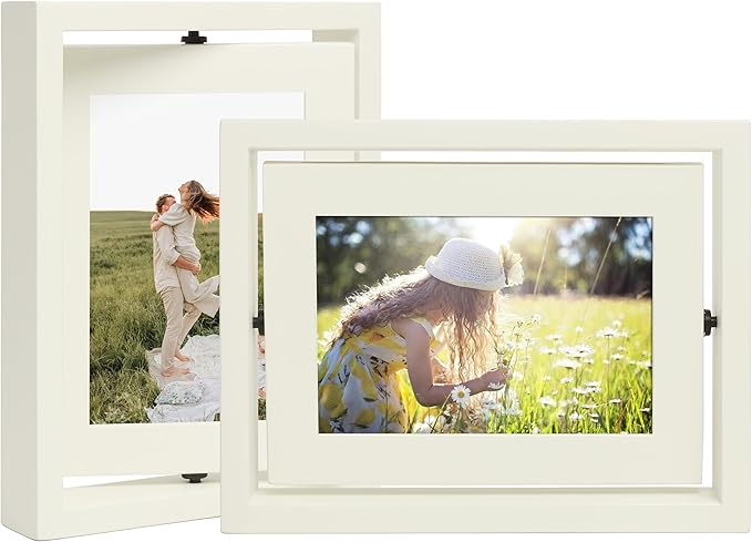 4x6 Double-Sided Rotating Floating Picture Frames (2 Pack, White), Solid Pine Wood with Real Glass for Horizontal Vertical Standing Display Desk Tabletop Photo Frames