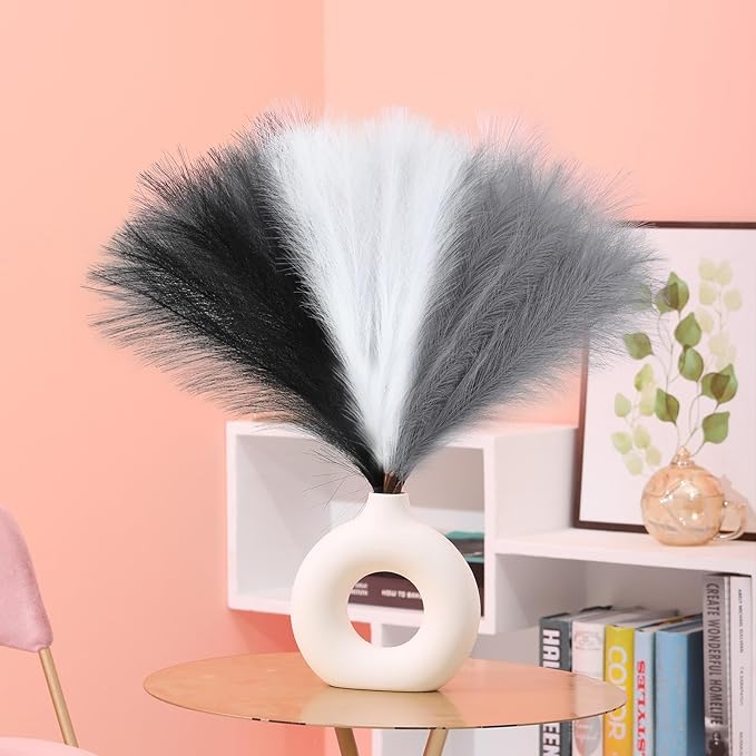 Faux Pampas Grass Decor 17.7 Inch 6pcs, Artificial Pampas Grass Fluffy Home Decor, Short Vase Room Decor pompous Grass Flower Arrangement for Boho Home Wedding Decoration (Black,White,Grey)