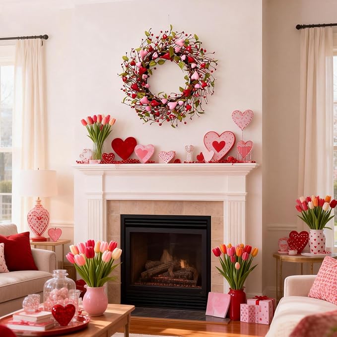 idyllic 22 Inch Valentine Green Leaf Heart-Shaped Berry Wreath, Pink Red Heart Berry Decor for Front Door Mantel Table Window Wall Wedding Porch Indoor Dinner Gift