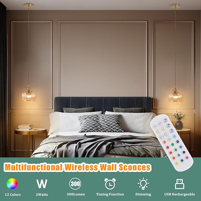 Battery Operated Pendant Light 5000mAh Rechargeable Chandelier with Remote Control Wireless Adjustable Hanging Amber Striped Light for Kitchen Island Dining Room Hallway, 2 Pack