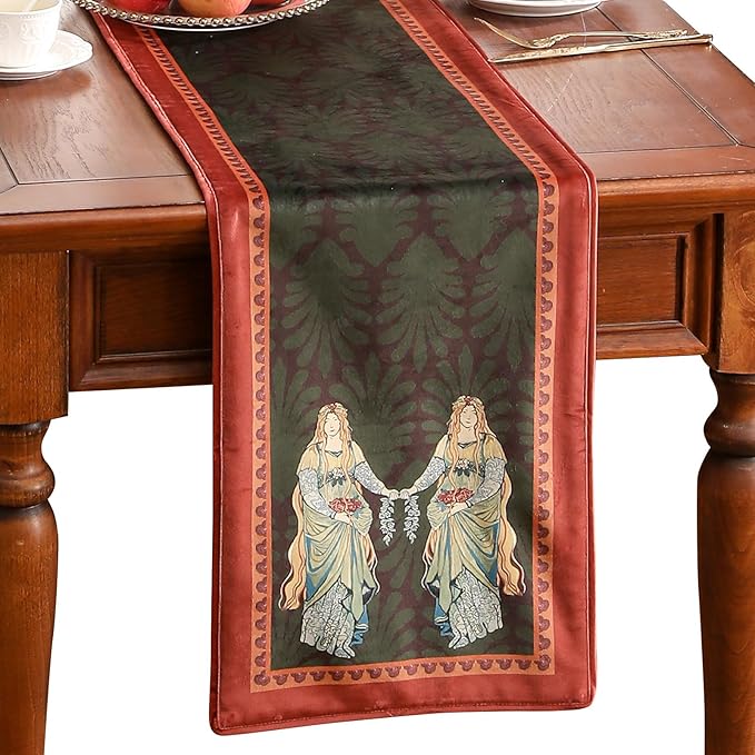 patdrea Designer Mysterious Oil Painting Figures Velvet Table Runner, Brown Green with Palm Frond Pattern Table Mat, Decoration for Kitchen Dining Coffee Table Cabinet Banquet Thanksgiving,12"*102"