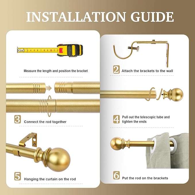 Curtain Rods - 1" Diameter, 32-48" Standard Decorative Window Curtain Rod Set with Brackets for Bathroom, Kitchen, Bedroom - Gold