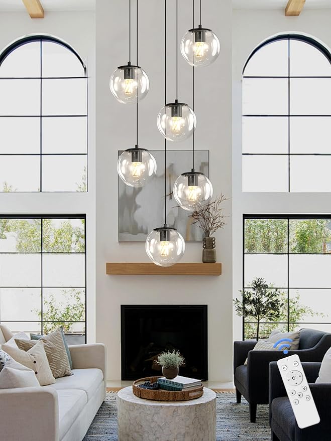 6-Light LED Staircase Modern Glass Globe Pendant Light Large Chandeliers for High Ceilings, Entryway Lighting Fixture Villas and Stairs
