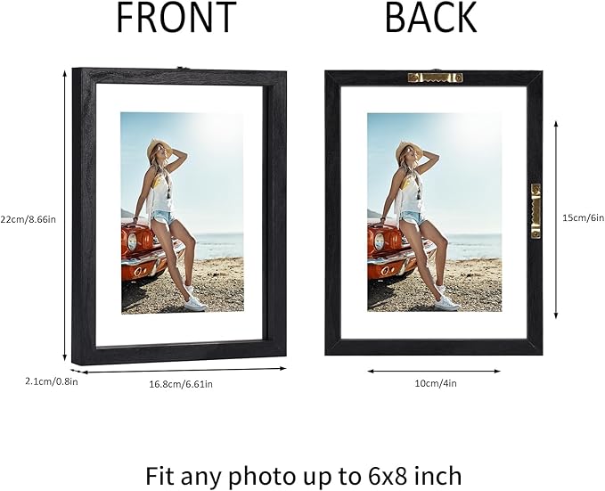Trwcrt 4x6 Floating Picture Frames Set of 4, Double Glass Photo Frame Display up to 6 x 8 Photos for Desktop or Wall Hanging, Black