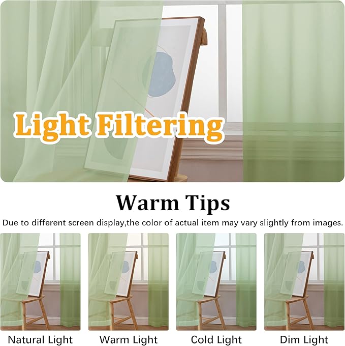 Gwine Light Green Sheer Curtain Tiers 24 Inch Length, Light Filtering Voile Short Curtain for Living Room Bedroom, Rod Pocket Cafe Curtains for Small Windows 42x24 Inch, 2PCS