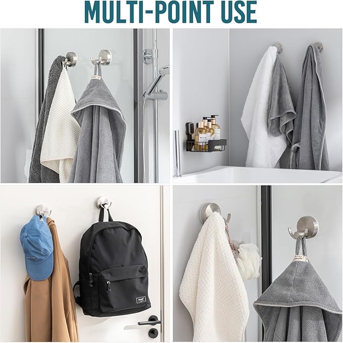 TAILI 304 Stainless Steel Bathroom Suction Hooks for Towel, Bathrobe, Loofah, Patented Strong Suction Cup Holder, No Damage Hanging Glass Shower Wall Hook, Double-Hook Sleek Design, 2 Pack, Silver