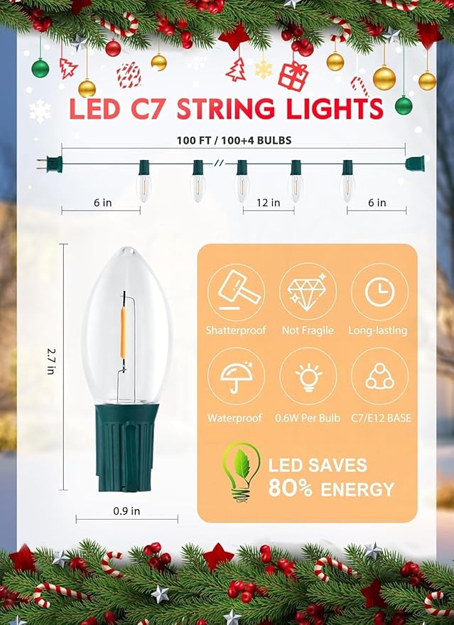 Brightown C7 Clear LED Christmas String Lights Outdoor, 100FT Connectable Vintage Hanging Lamps with 104 0.6W Bulbs(4 Spare) for Xmas Holiday Party Patio Roofline House Decor