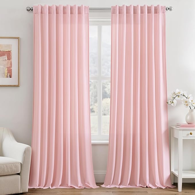EMEMA Non-See-Through Pink Sheer Curtains, Light Filtering 108 Inch Privacy Semi Sheer Curtains for Bedroom Living Room, Window Drapes That Let Light in, 52x108 Inch, 2 Panel