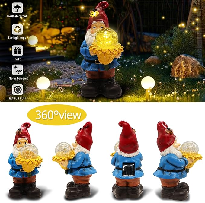 Solar Gnome Waterproof - Large Garden Gnome Funny Solar Outdoor LED Lights Resin Statues Lantern Figurines Xmas Decorations Birthday Housewarming Gifts for Mom Women (Sunflower Gnome(Warm White))