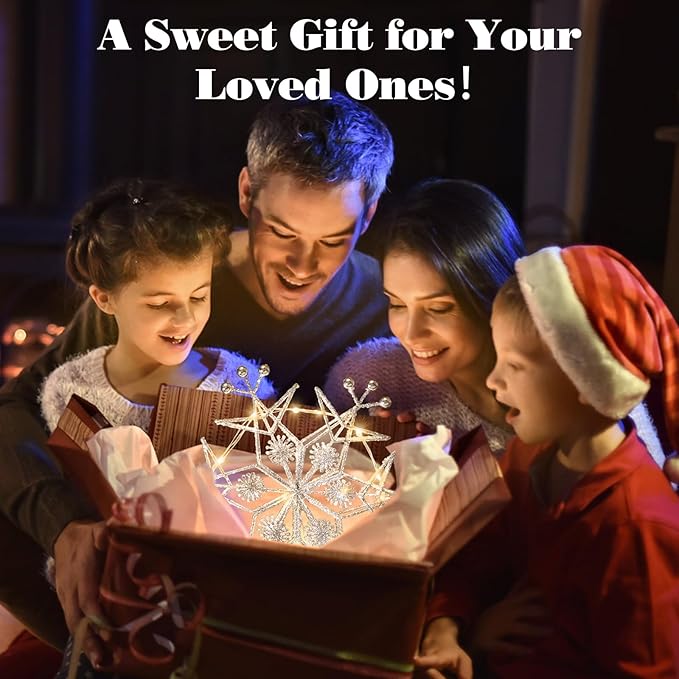 Lewondr Christmas Tree Topper, Metal Frame Snowflake Christmas Tree Topper with 15 Light Beads, USB Powered & Remote Control Tree Topper Snowflake with 6H Timer, Xmas Tree Decor for Holiday Home Decor