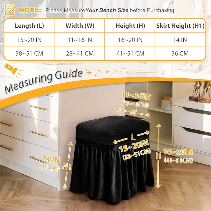 NICEEC Spandex Stretch Vanity Bench Cover with Skirt Removable Super Soft Rectangle Bench Slipcover Washable Bench Cushion Seat Covers for Living Room Bedroom Kitchen(Black)