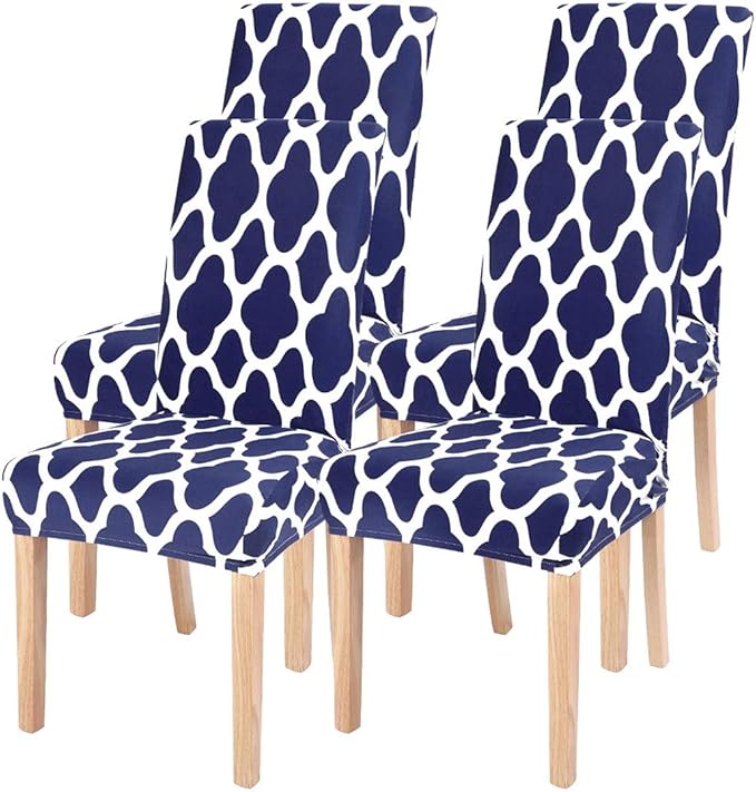 SearchI Dining Room Chair Covers Set of 4, Spandex Stretch Kitchen Chair Slipcovers Removable Washable Moroccan Geometric Parsons Chair Covers Protector for Dining Room, Hotel (Navy Blue)
