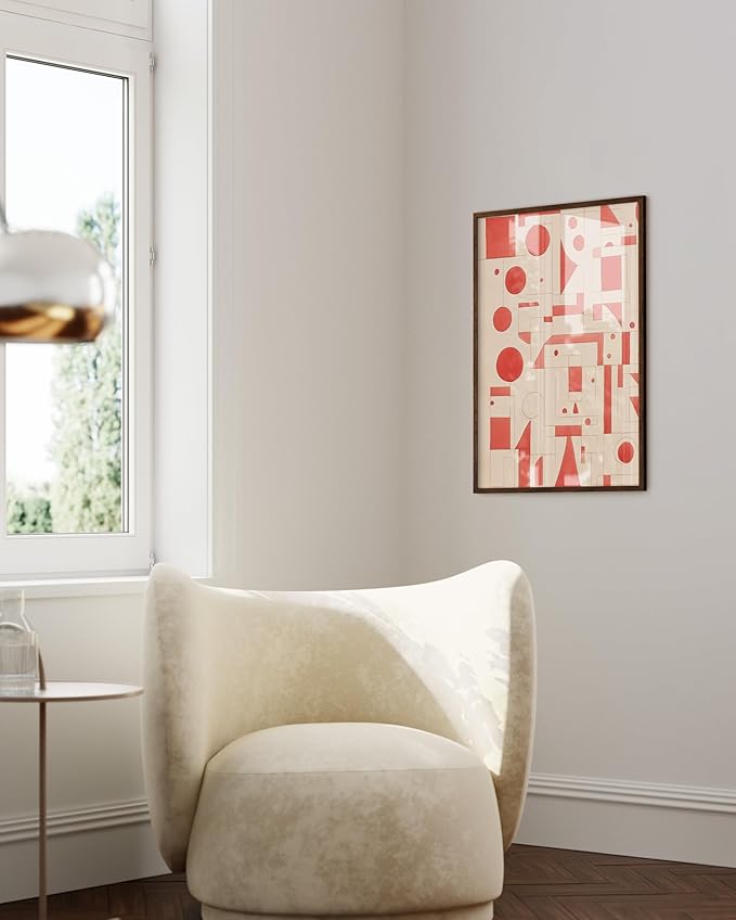 HAUS AND HUES Colorful Abstract Wall Art - Minimalist Retro Picture for Living Room Decor, Red and Pink Modern Wall Art Painting (Red Geometric, Walnut Frame, 24x36)