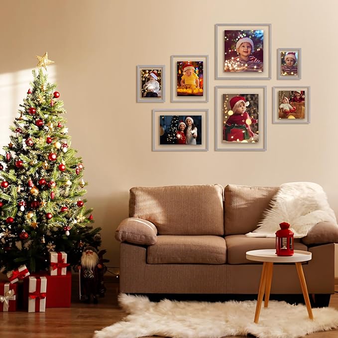 Egofine 8x8 Floating Frames Set of 2, Double Plexiglass Picture Frame, Made of Solid Wood Display Any Size Photo up to 8x8, Wall Mount or Tabletop Standing, Light Grey