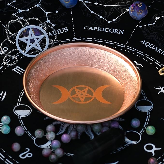 Copper Offering Prayer Ritual Bowl - Carving Moon Phase Brass Decorative Plate Great for use Smudging, Incense Burner Holder,Candle Dish, Ash Catcher,Jewelry Dish,Keys Basket