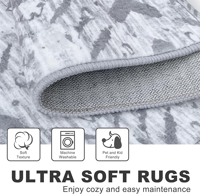 KILOCOCO Hallway Runner Rug 2.6'x8' Washable Printed Moroccan Runner Rugs Non Slip Entryway Rugs Soft Indoor Long Floor Rug for Bedroom Kitchen Living Room Geometric Boho Carpet Runners, Grey White