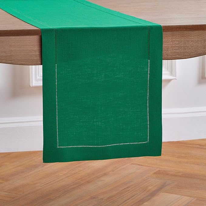 Solino Home Linen Hemstitch Table Runner 108 Inches Long - 100% Pure Linen Emerald Green Table Runner 14 x 108 Inch for St Patricks Day - Classic Hemstitch