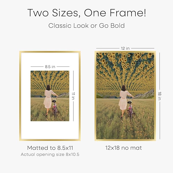 Homeforia 12x18 Picture Frame Gold, High End Metal 12x18 Poster Frames with Mat 8.5x11 Photo, 12 x 18 Gold Frame Matted to 8.5 by 11 Print, 18x12 Thin Hanging Frame, Tempered Glass, Wall Kit, Set of 2